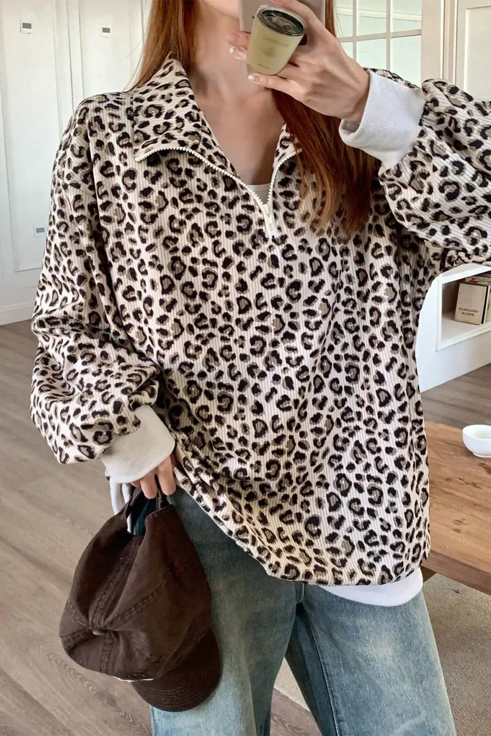 Everyday Leopard Print Zip Detail Quarter Zip Sweatshirt