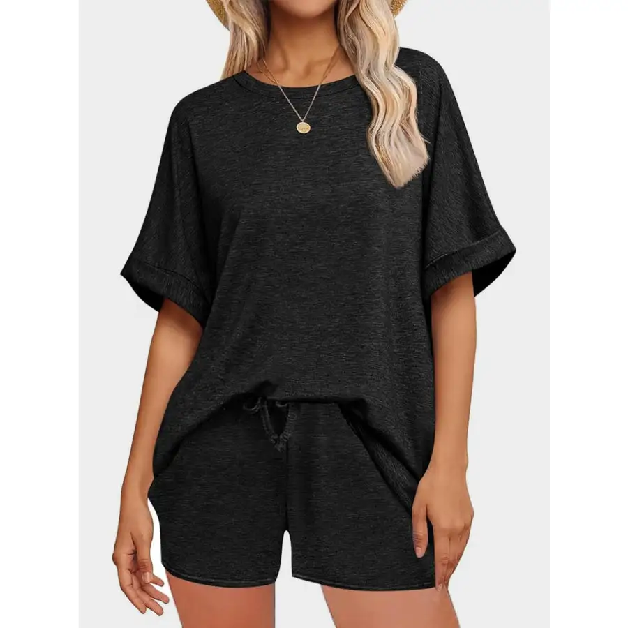 Round Neck T Shirt and Drawstring Shorts Set