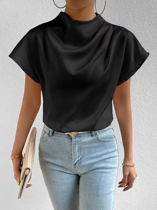 Relaxed Short Sleeve Pleat Detail Mock Neck T-Shirt