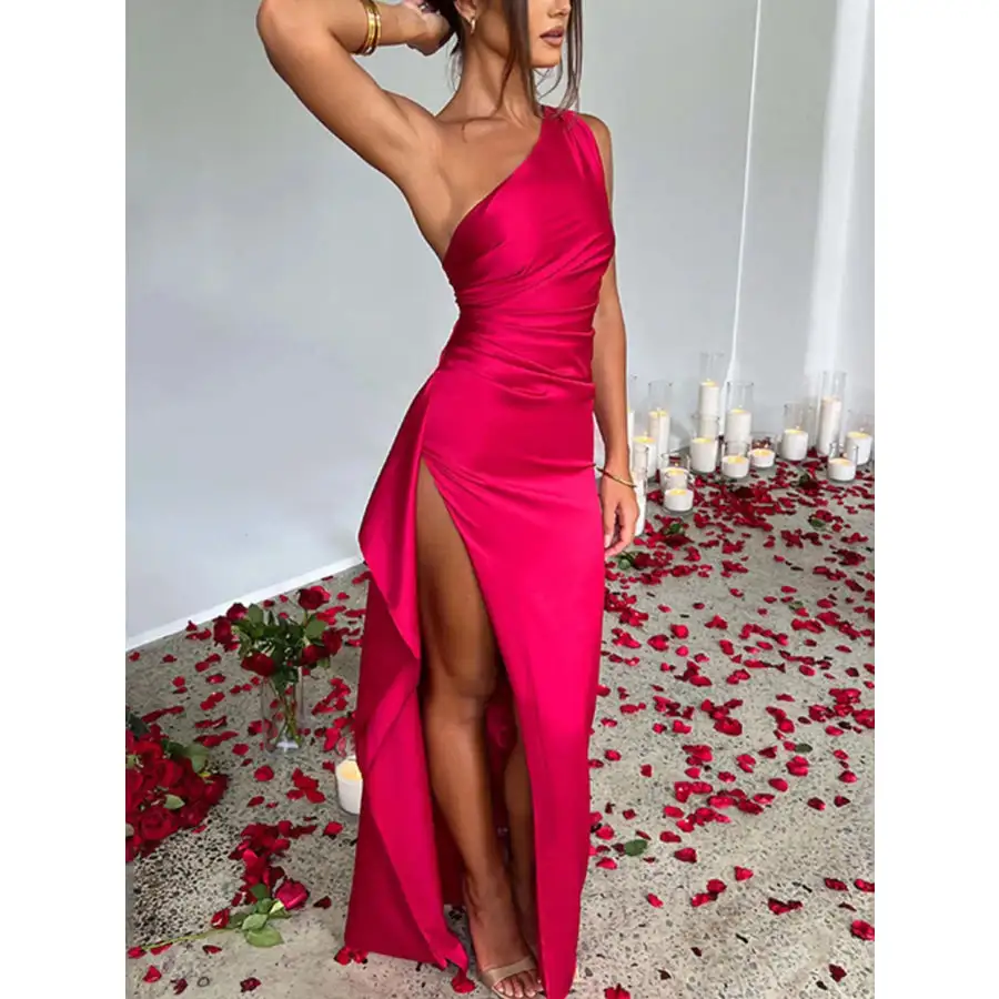 One Shoulder Satin Dress with High Slit