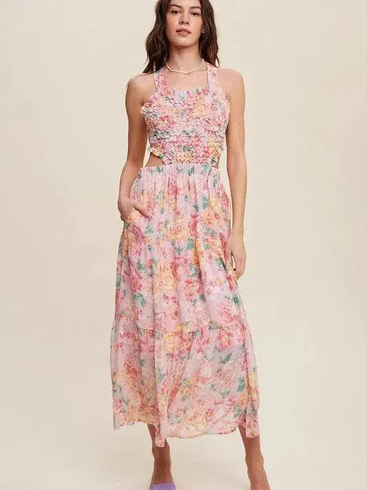 Romance is in the Air Textured Pink Floral Cutout Midi Dress