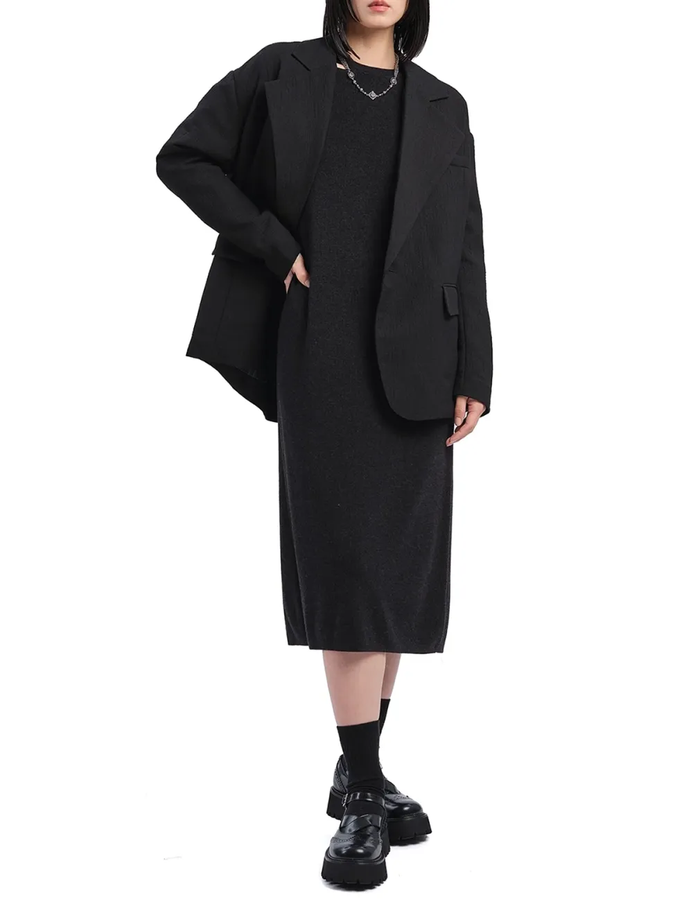 Long - Sleeve Loose - Fit Midi Dress