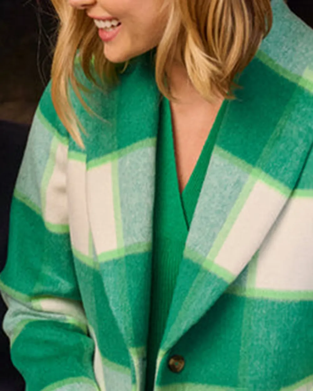 Green Check Casual Style Coat