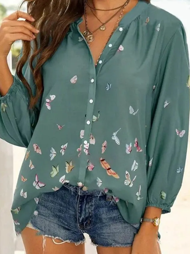 Colorful Butterfly Print Chiffon Long Sleeve Shirt