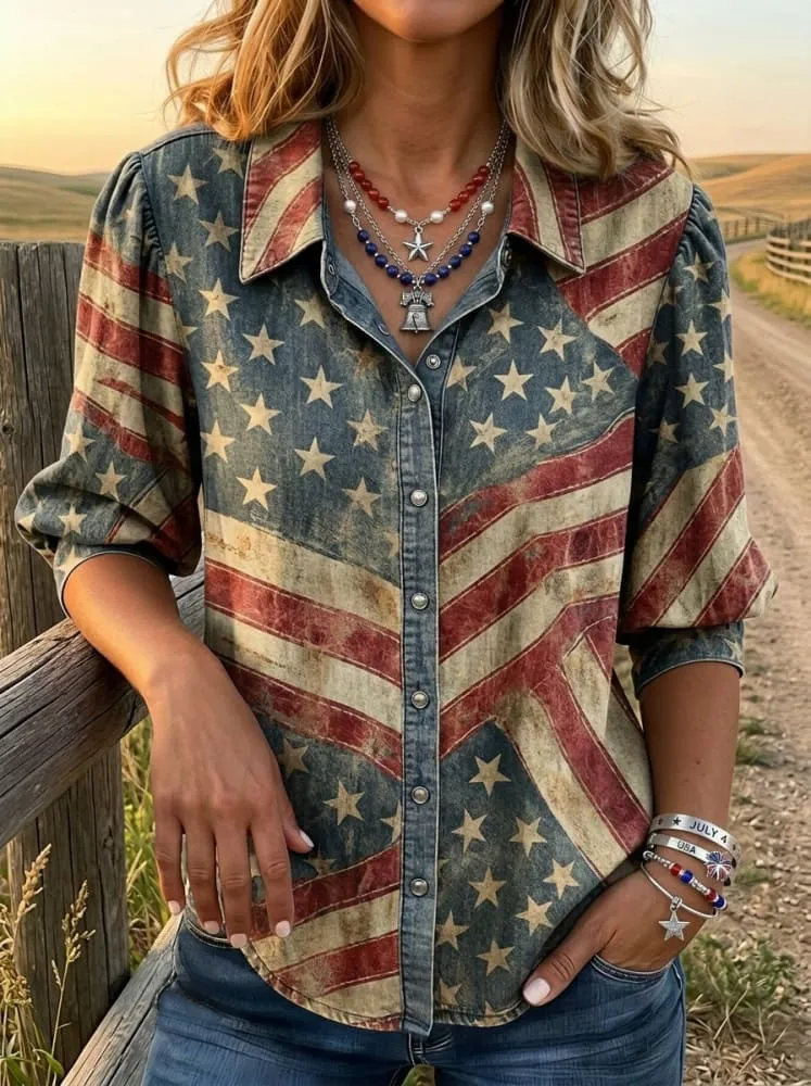 Vintage American Flag Print Casual Puff Sleeve Denim Shirt