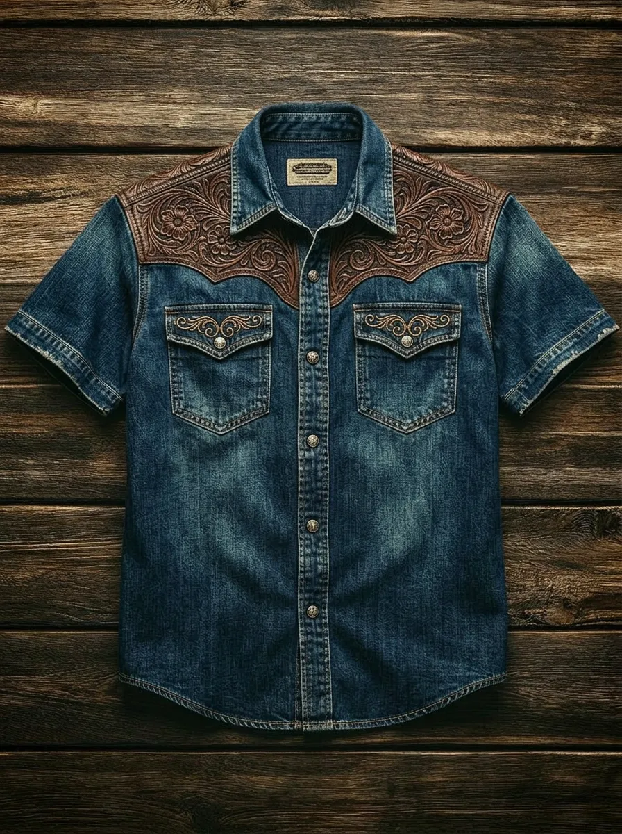 Men's Western Cowboy Floral Tooled Leather Printed Denim Shirt