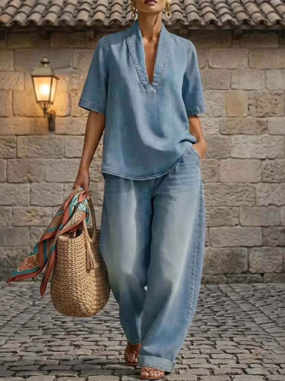 Half Sleeve Top and Wide Leg Pants Set