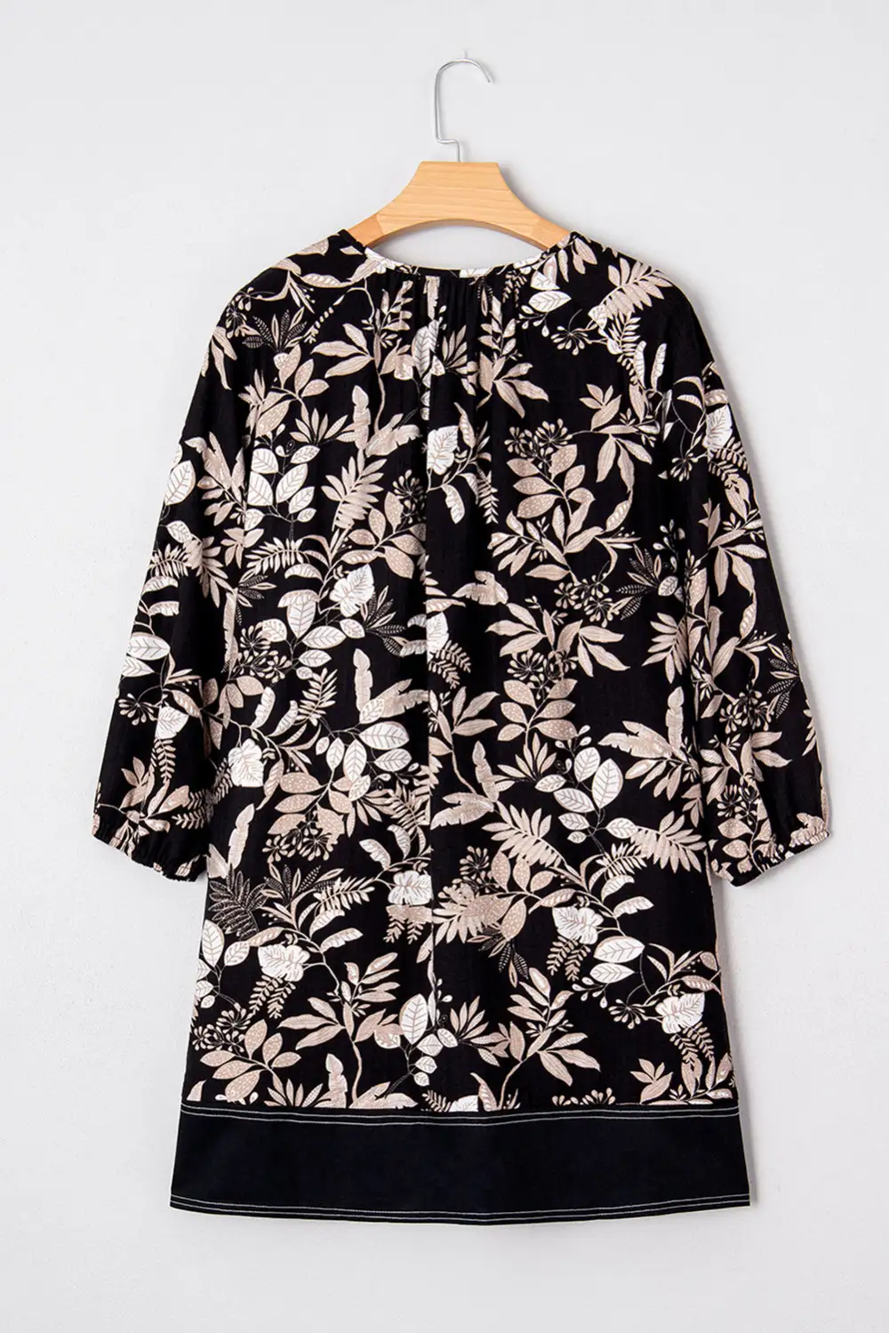 Sleeve Botanical Print Split Neck Loose Mini Dress