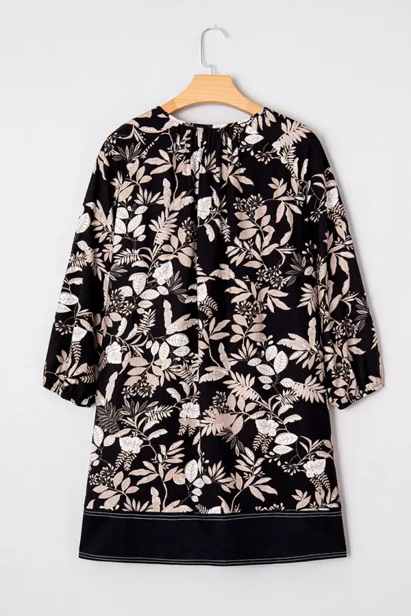 Sleeve Botanical Print Split Neck Loose Mini Dress