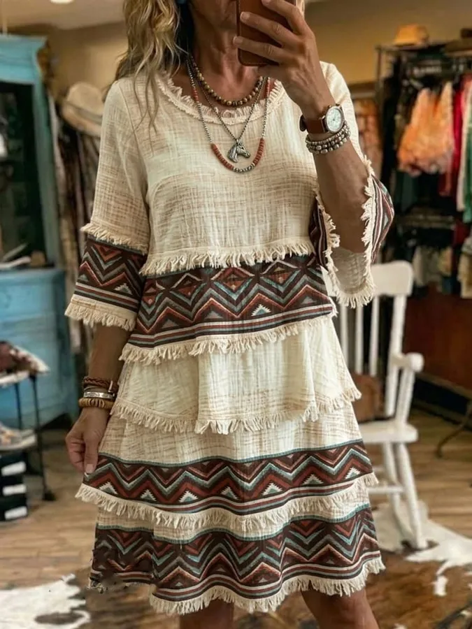 Women's Vintage Aztec Art Print Patchwork Cotton And Linen Dress