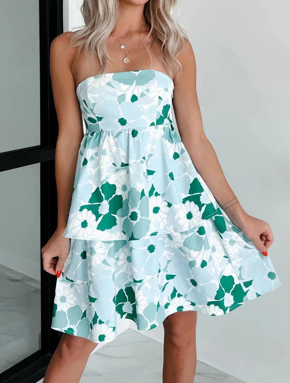 Tiered Floral Denim Dress