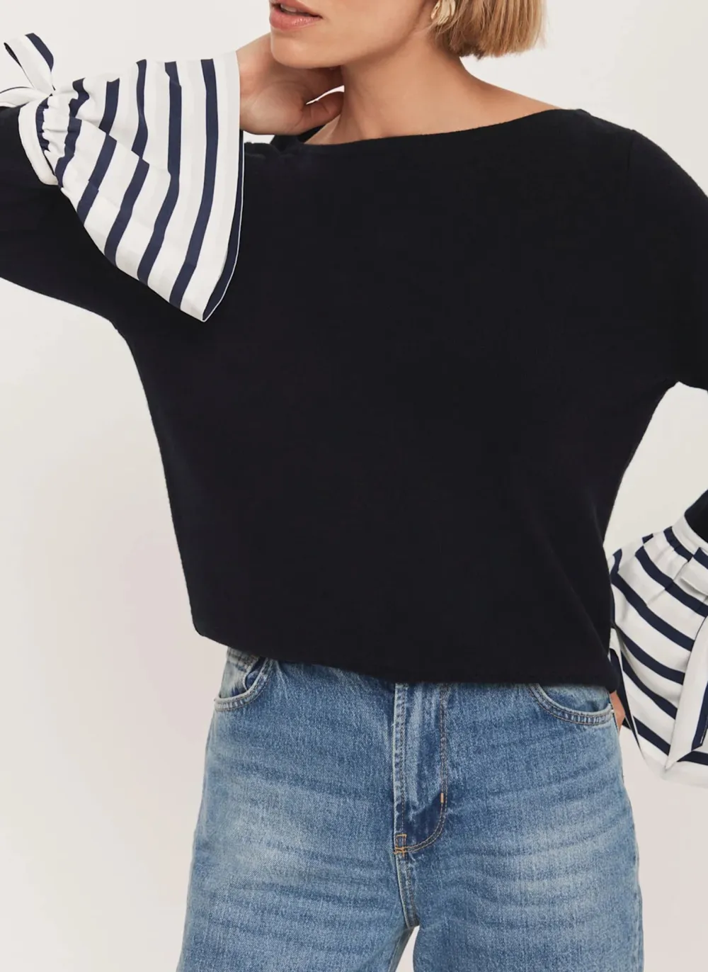 Casual Style Navy Cotton Striped Cuff Jumper