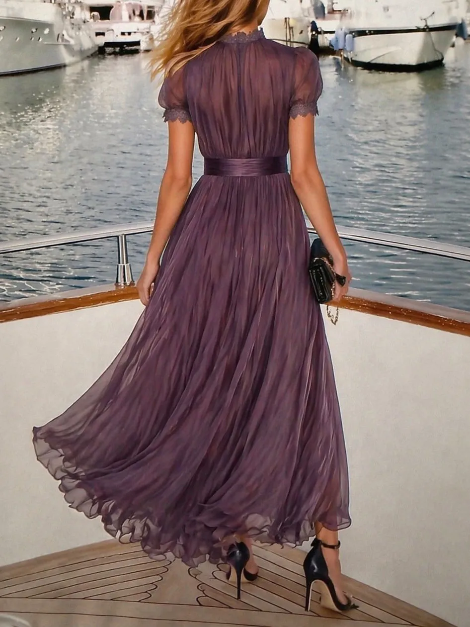Lace Trim Pleated Chiffon Maxi Dress