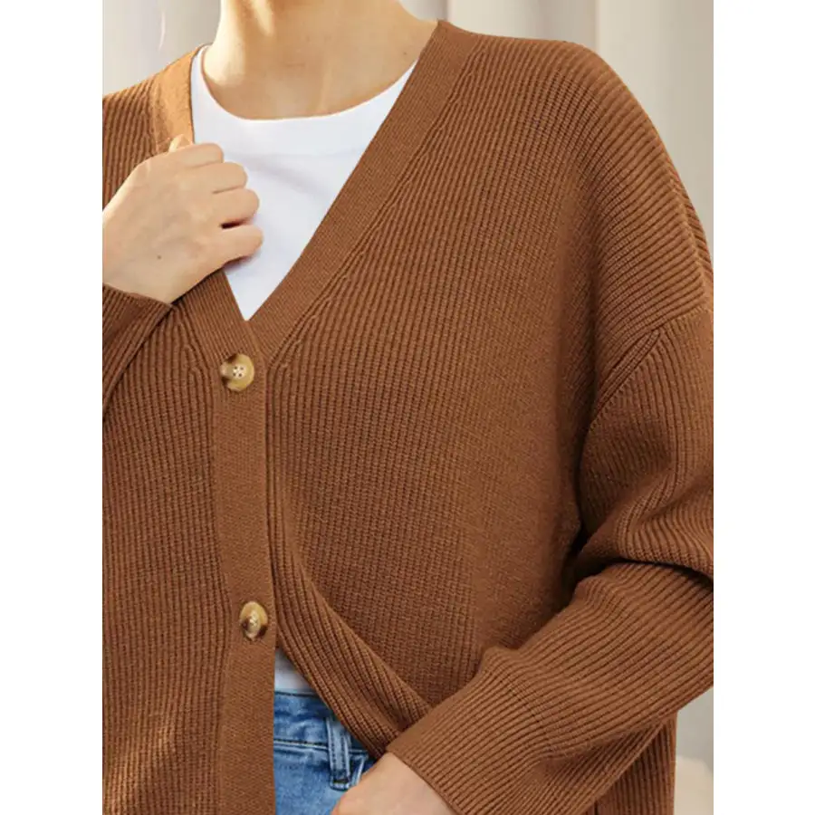 Button Down V Neck Long Sleeve Cardigan