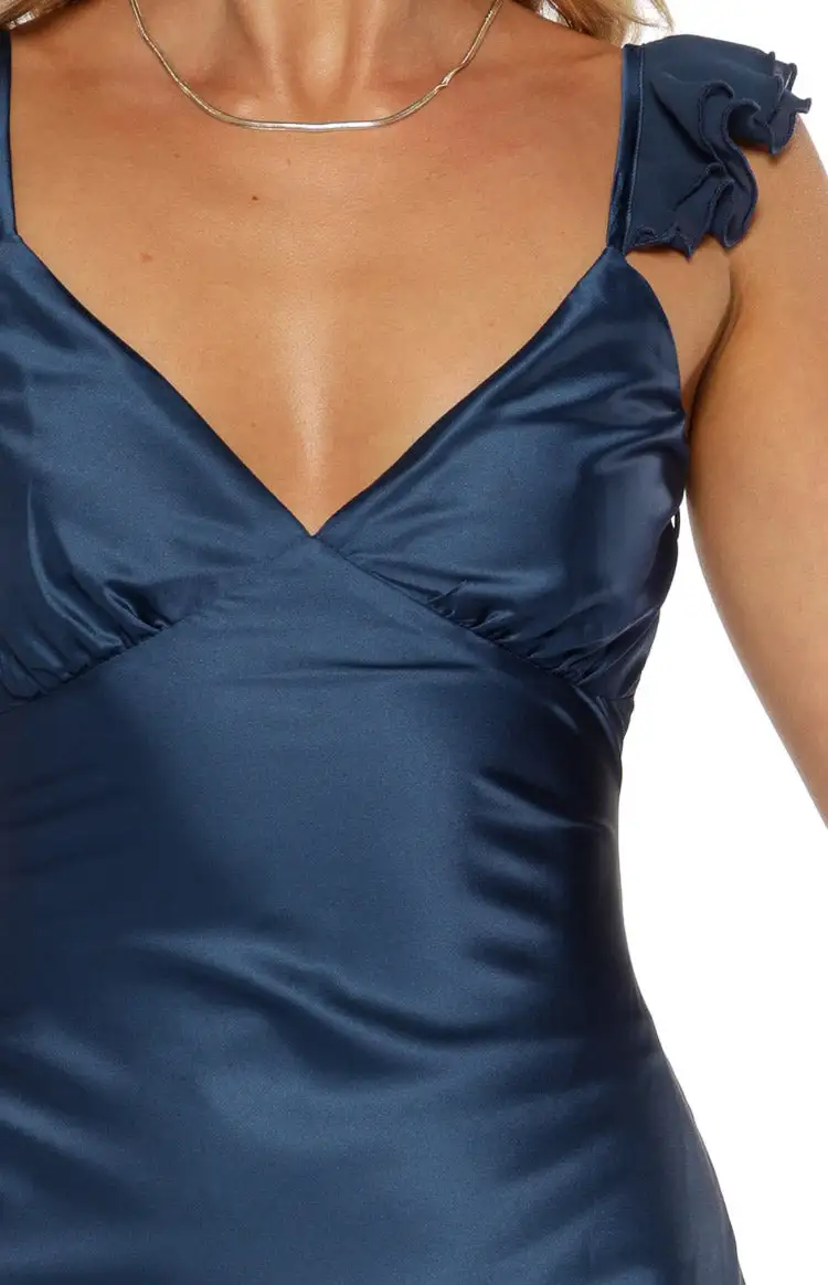 Satin Lace V Neck Frills Maxi Dress