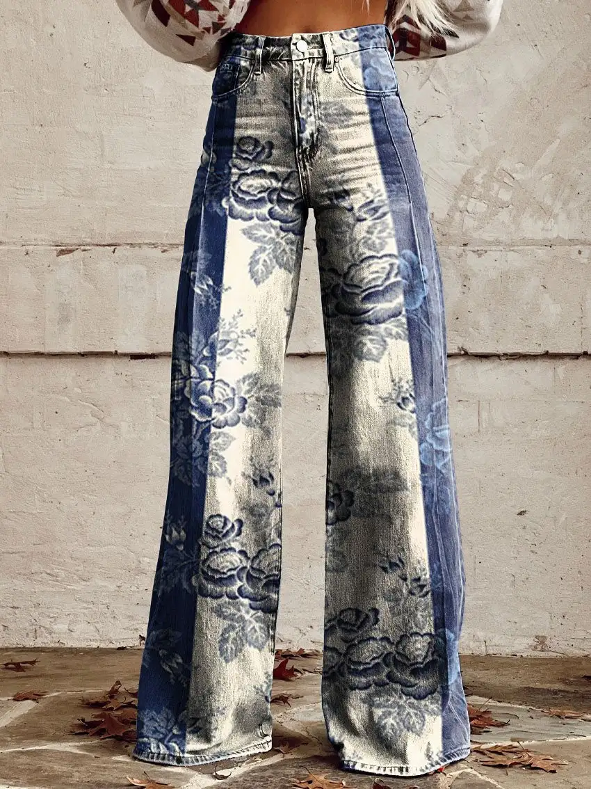 Women's Vintage Print Casual Wide Leg Pants