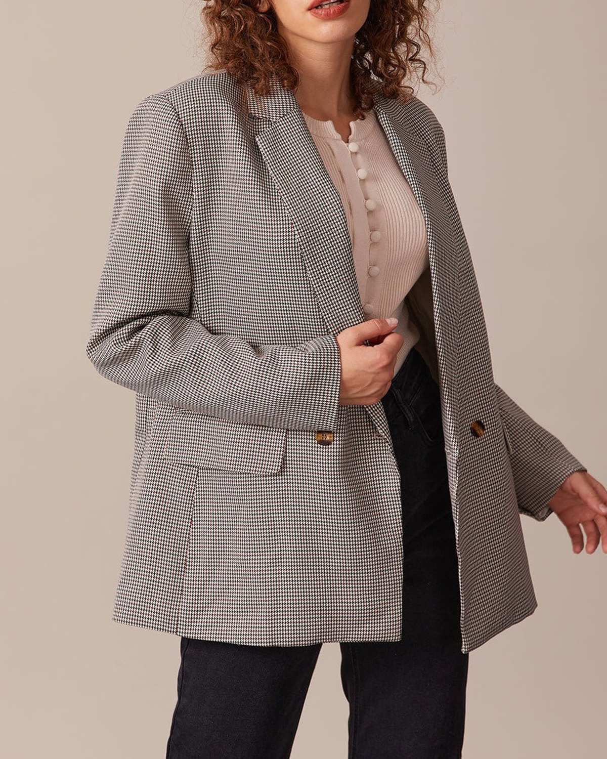 The Coffee Lapel Houndstooth Button Blazer