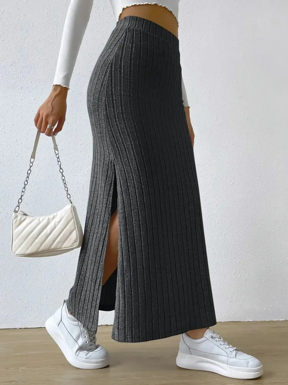 High Waist Ribbed Knit Skirt