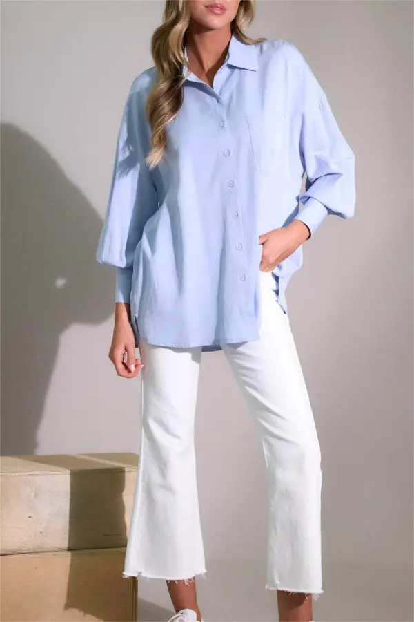 BLUE LONG SLEEVE BUTTON FRONT TOP