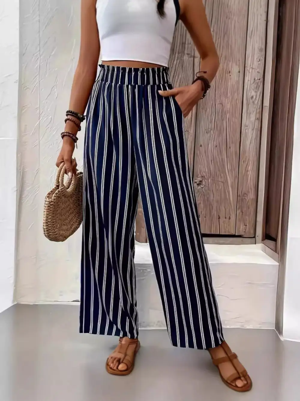Full Size Striped High Waist Wide Leg Pants