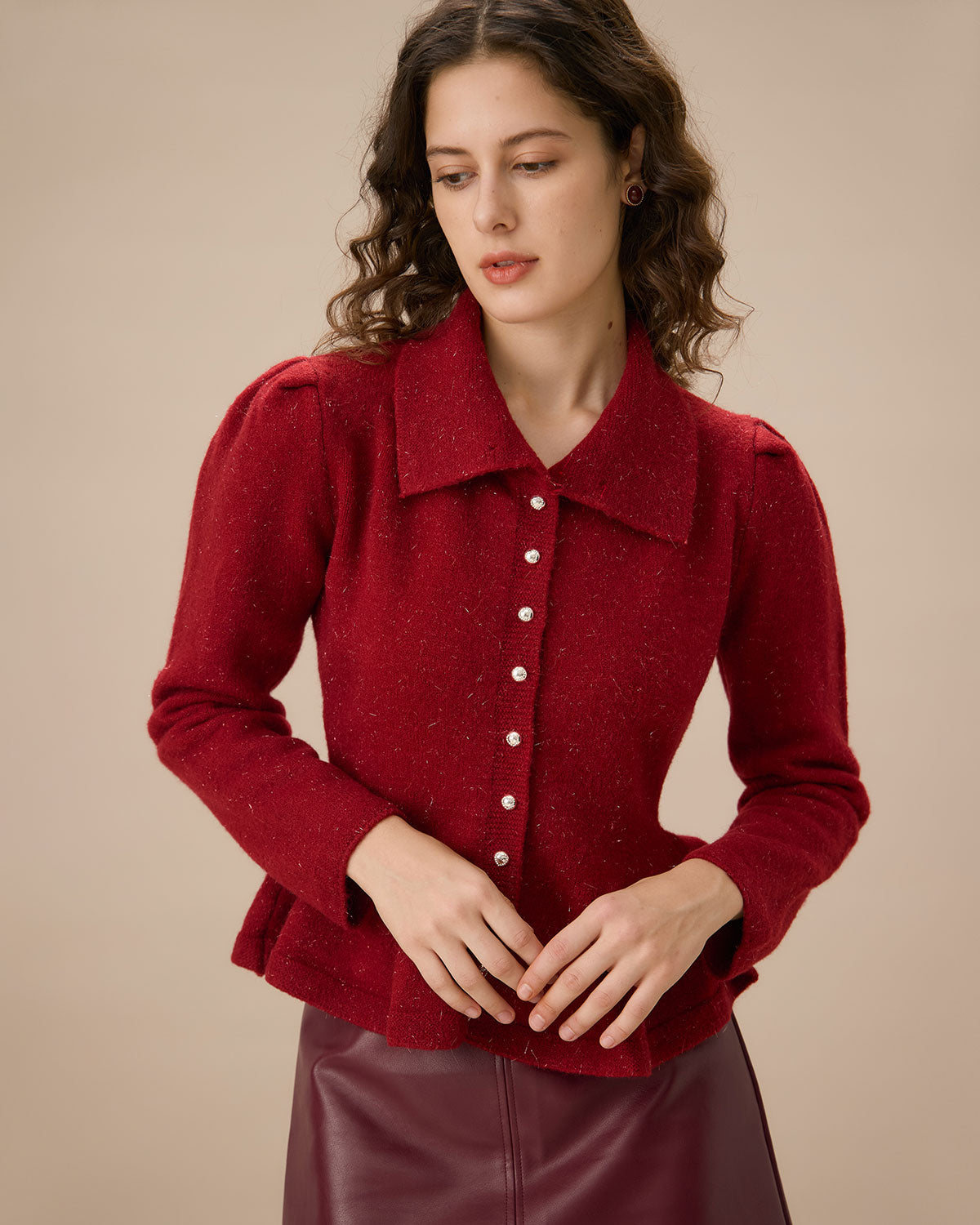 Red Collared Single-breasted Ruffle Cardigan