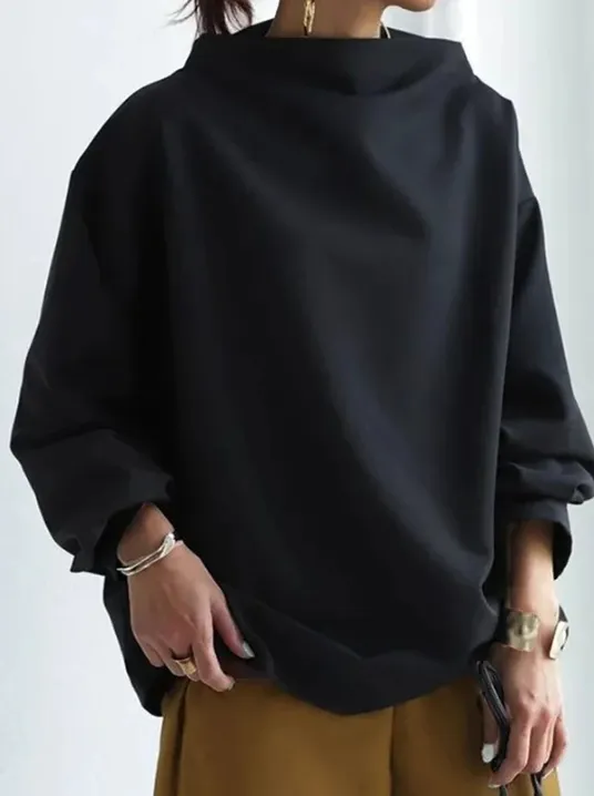 Long Sleeves Loose Solid Color High-neck Sweatershirt