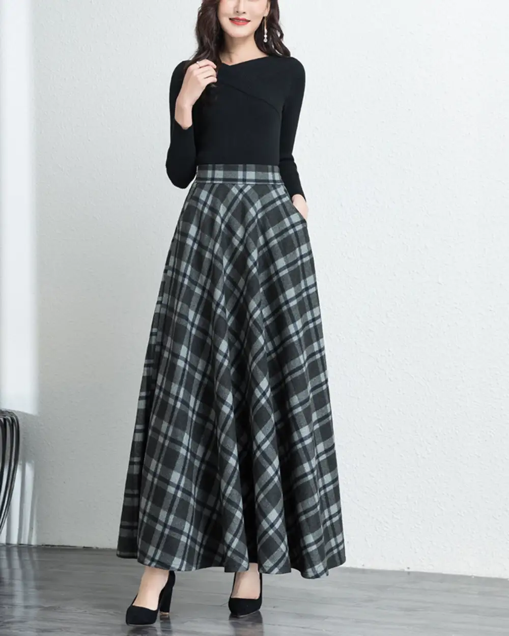 Relaxed Plaid Wool Maxi Skirt