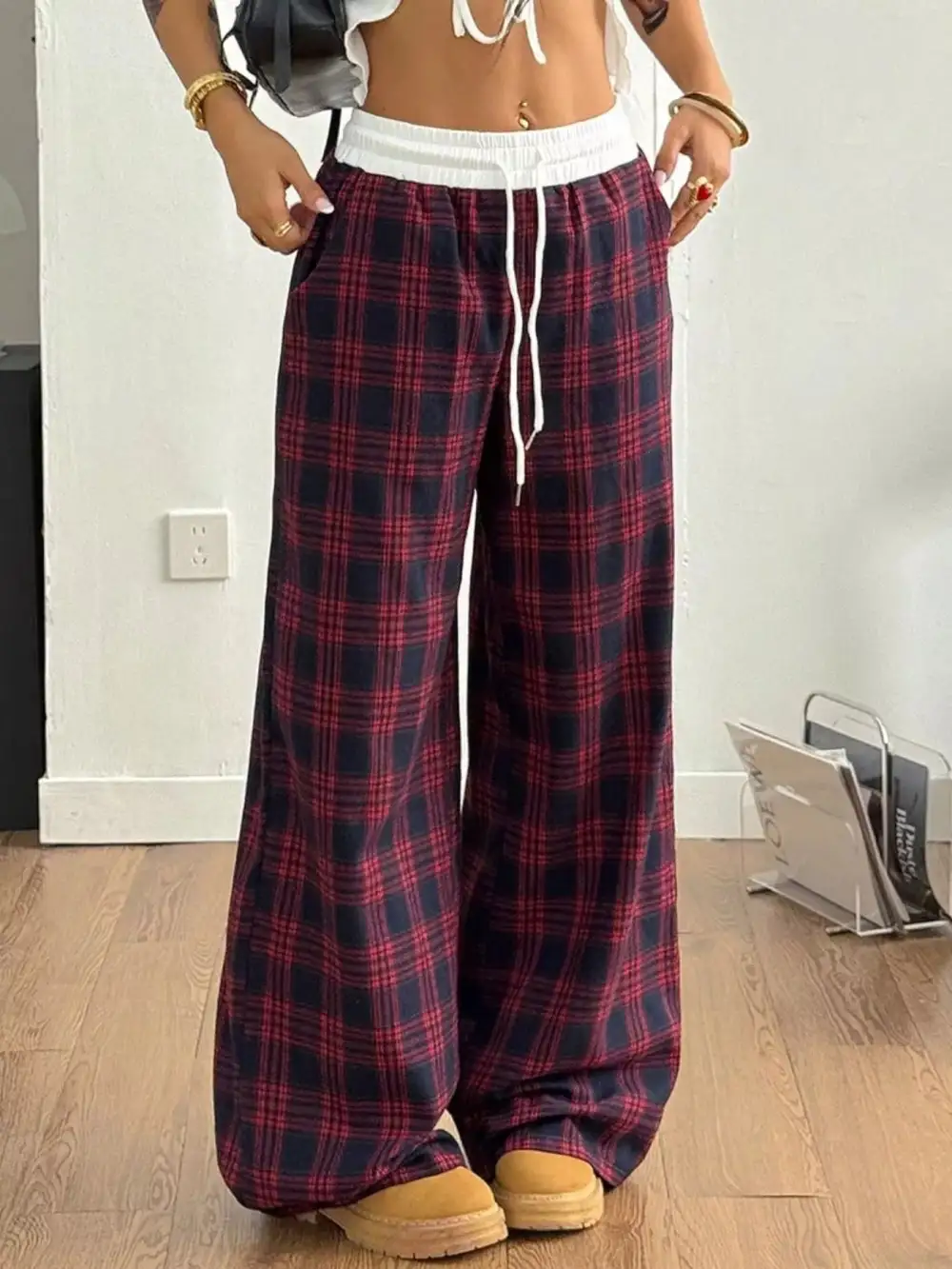 Plaid Wide Leg Pants With Elastic Waistband