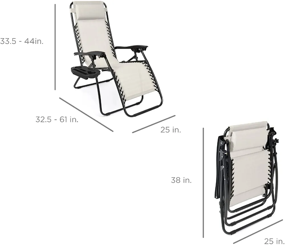 Set of 2 Adjustable Steel Mesh Zero Gravity Lounge Chair Recliners w/Pillows and Cup Holder Trays