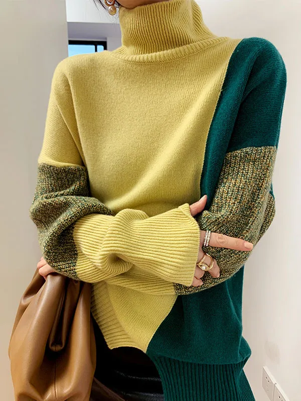 Casual Loose Color Block High-Neck Sweater