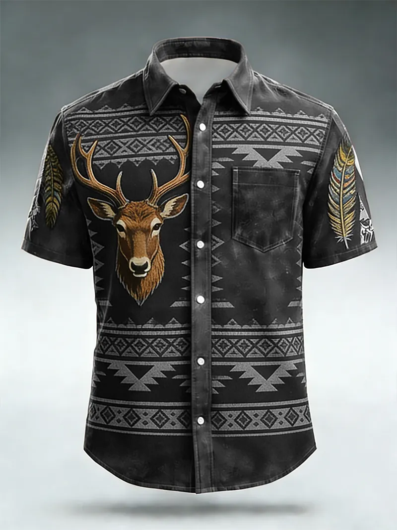 Men's Deer Head & Aztec Geometric Print Short Sleeve Shirt
