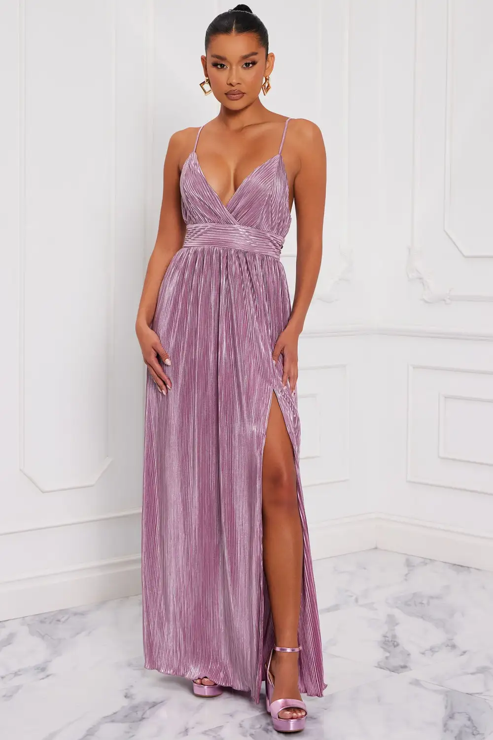 Mina Metallic Plisse Maxi Dress - Lilac