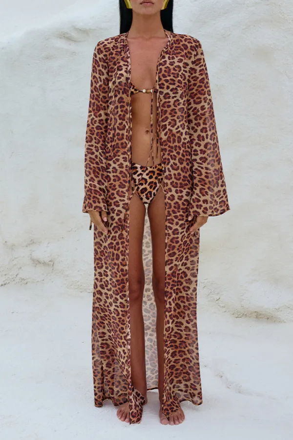 Long Leopard Print Micro-Sheer Swimsuit