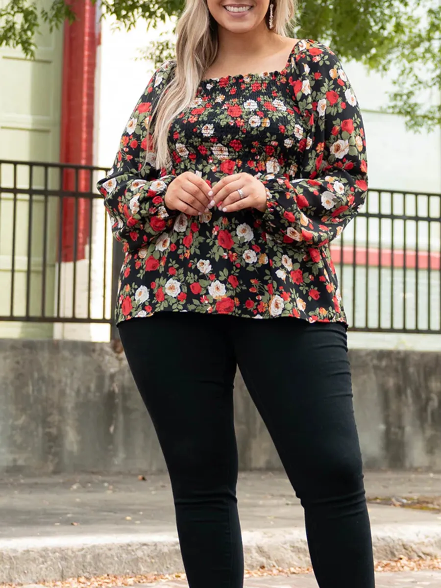 Flower Pattern Pleated Square Neck Lantern Sleeve Shirt