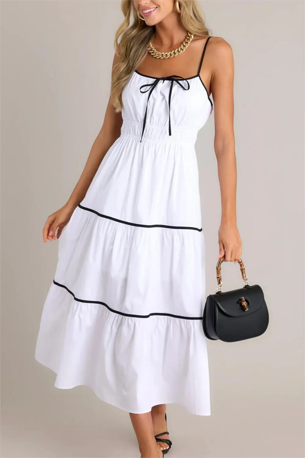 DELIGHTFUL DISCOVERIES WHITE TIERED MIDI DRESS