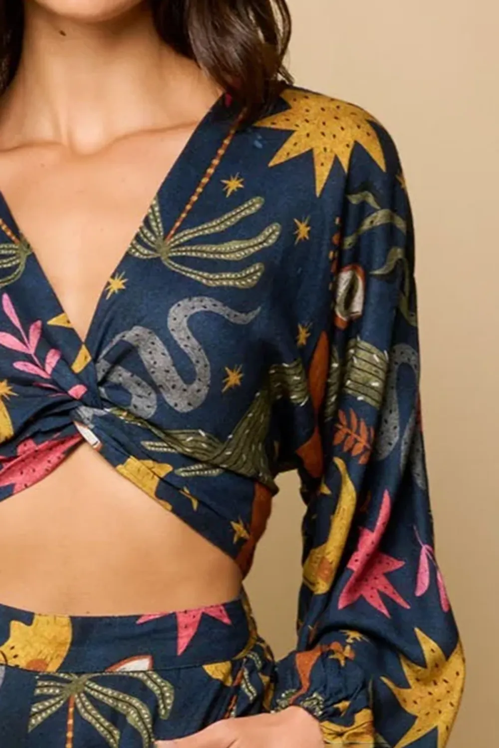 Navy And Multicolor Celestial Print Knot Front Crop Top