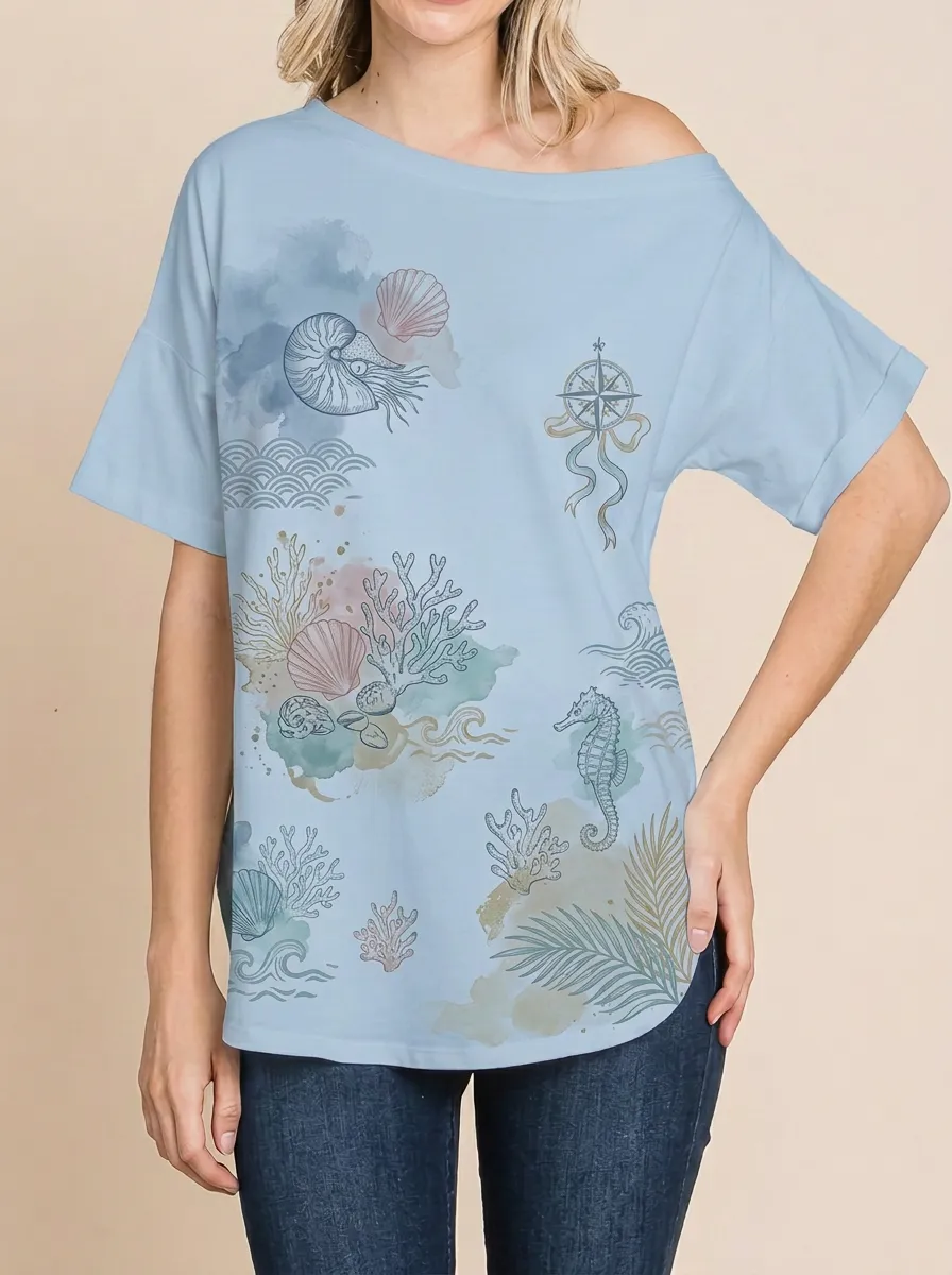 Women's Nautical Ocean Lover Seashell Seahorse Printed T-shirt