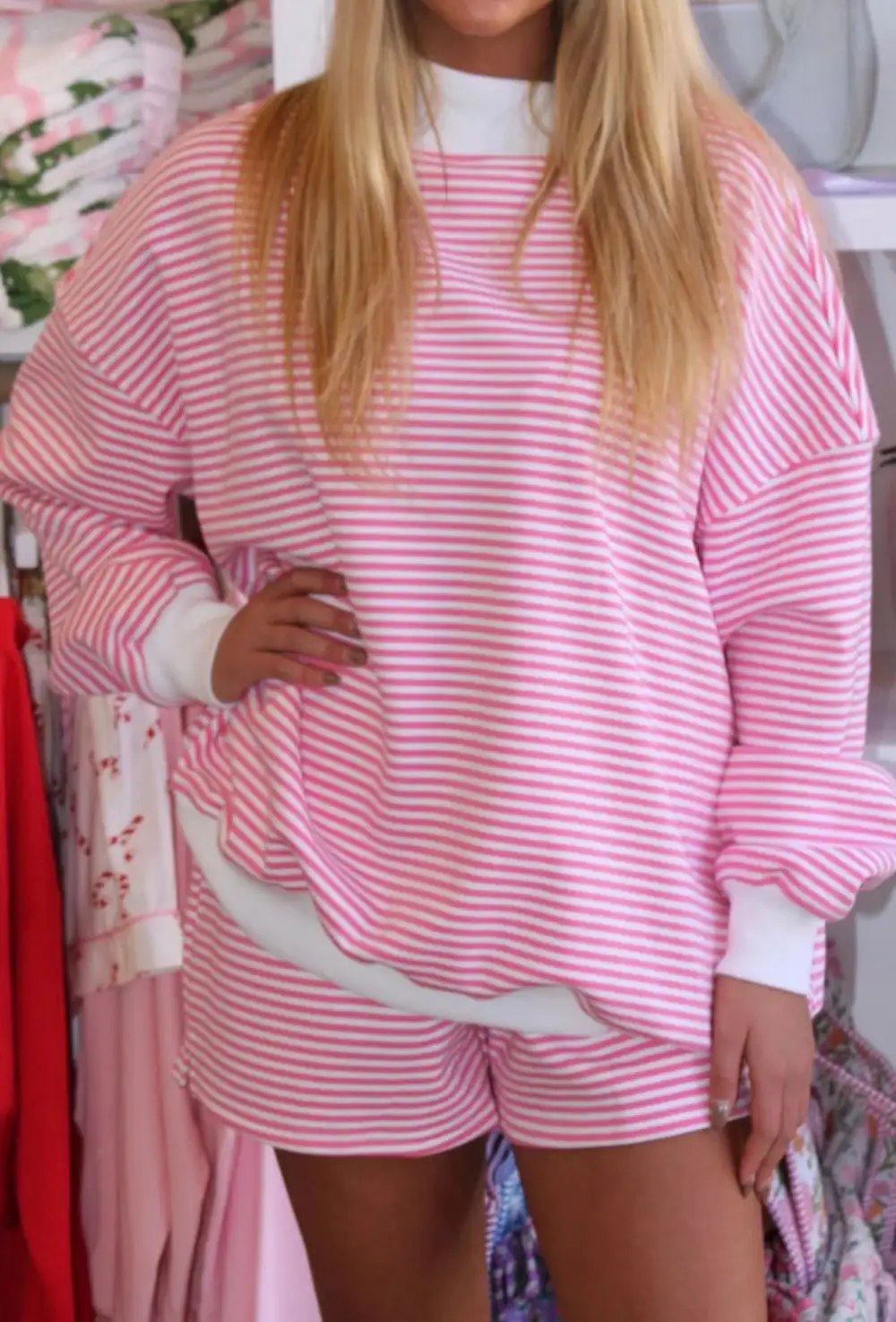 Floral Striped Neck Two Piece Set
