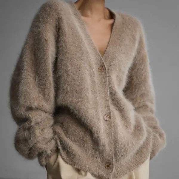 Women’s V-Neck Button-Up Fuzzy Cardigan