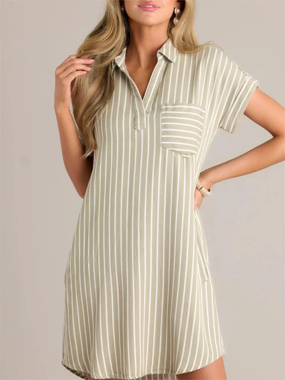 LINEAR ELEGANCE OLIVE GREEN STRIPE MINI SHIRT DRESS