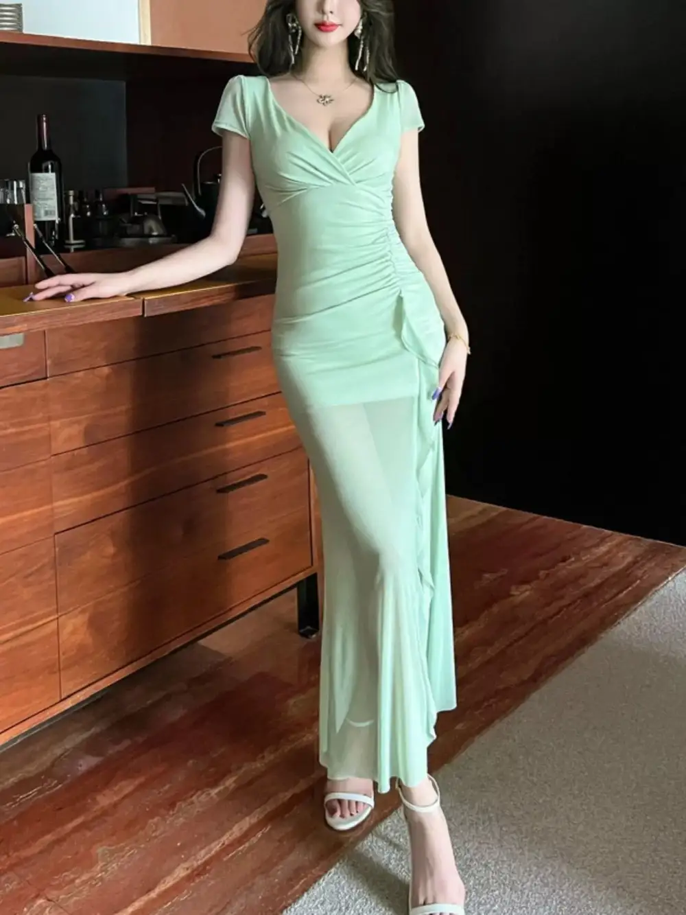Tie Dye Surplice Ruffle Slit Dress