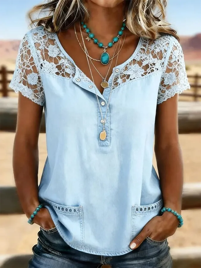 Women's Vintage Print Casual Hollow-Out Denim Shirt