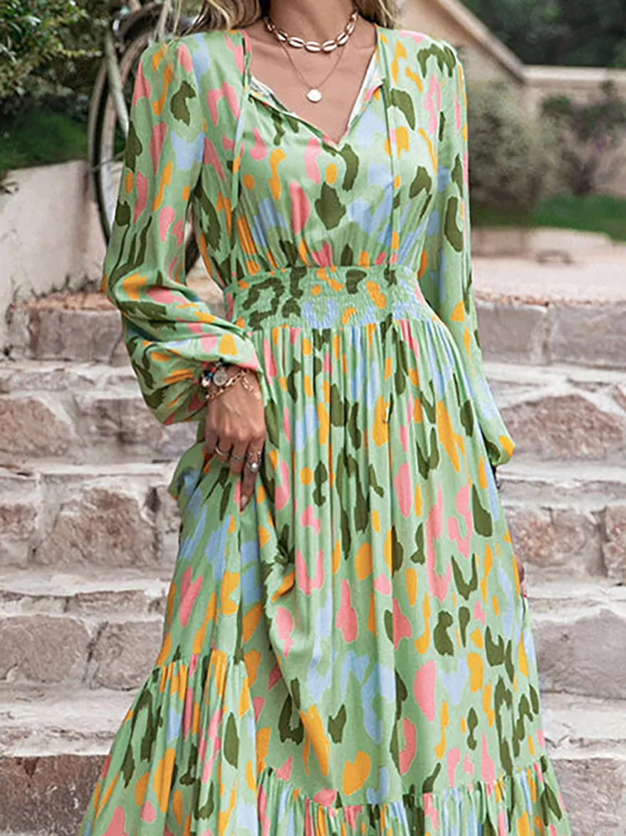 Printed Tie Neck Long Sleeve Maxi Dress