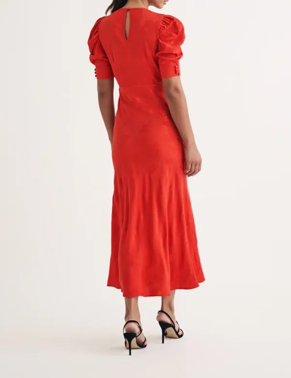 Red Floral Jacquard Ruched Sleeve Moira Midi Dress