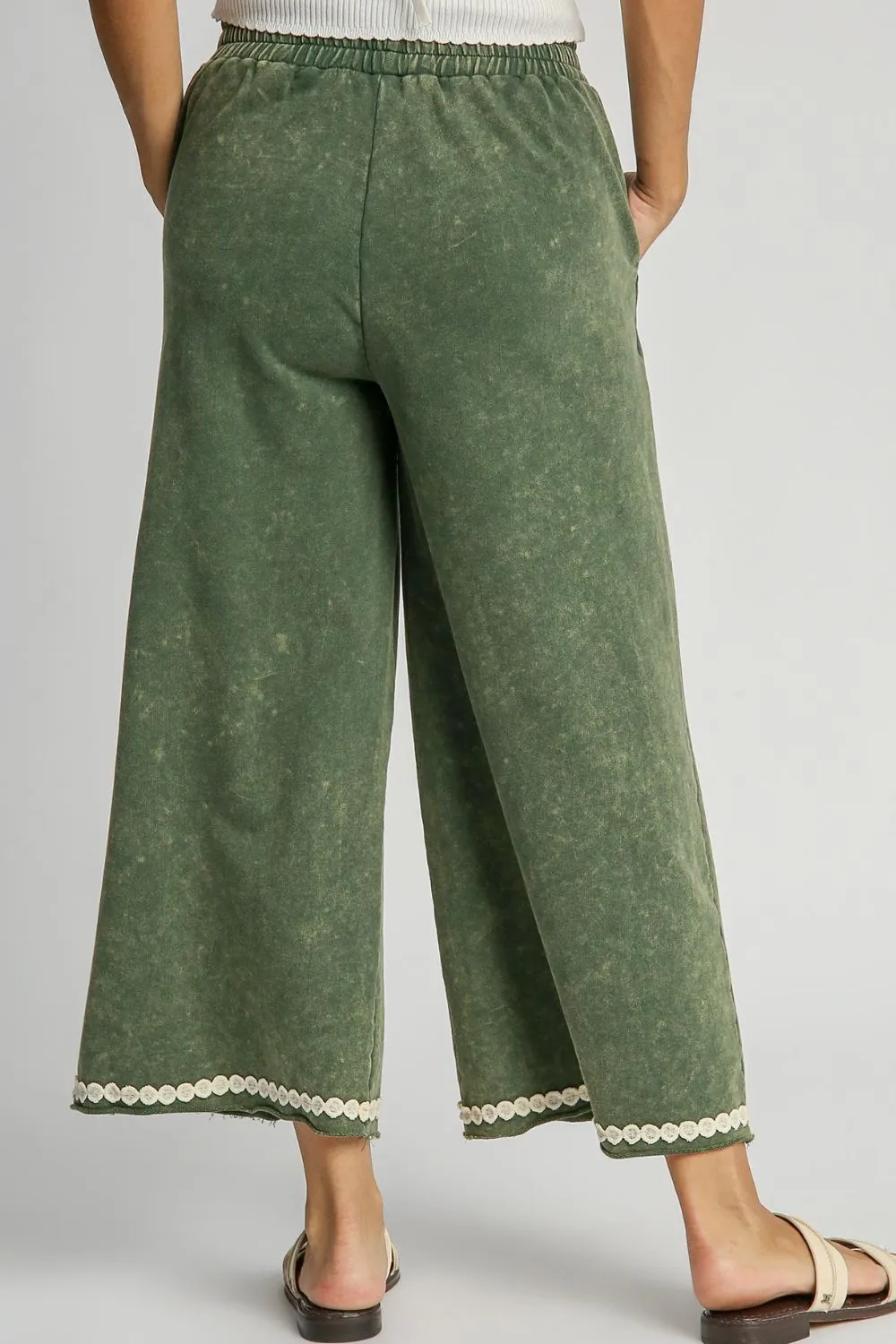Full Size Peace Lace Applique Mineral Wash Wide Leg Pants Plus Size