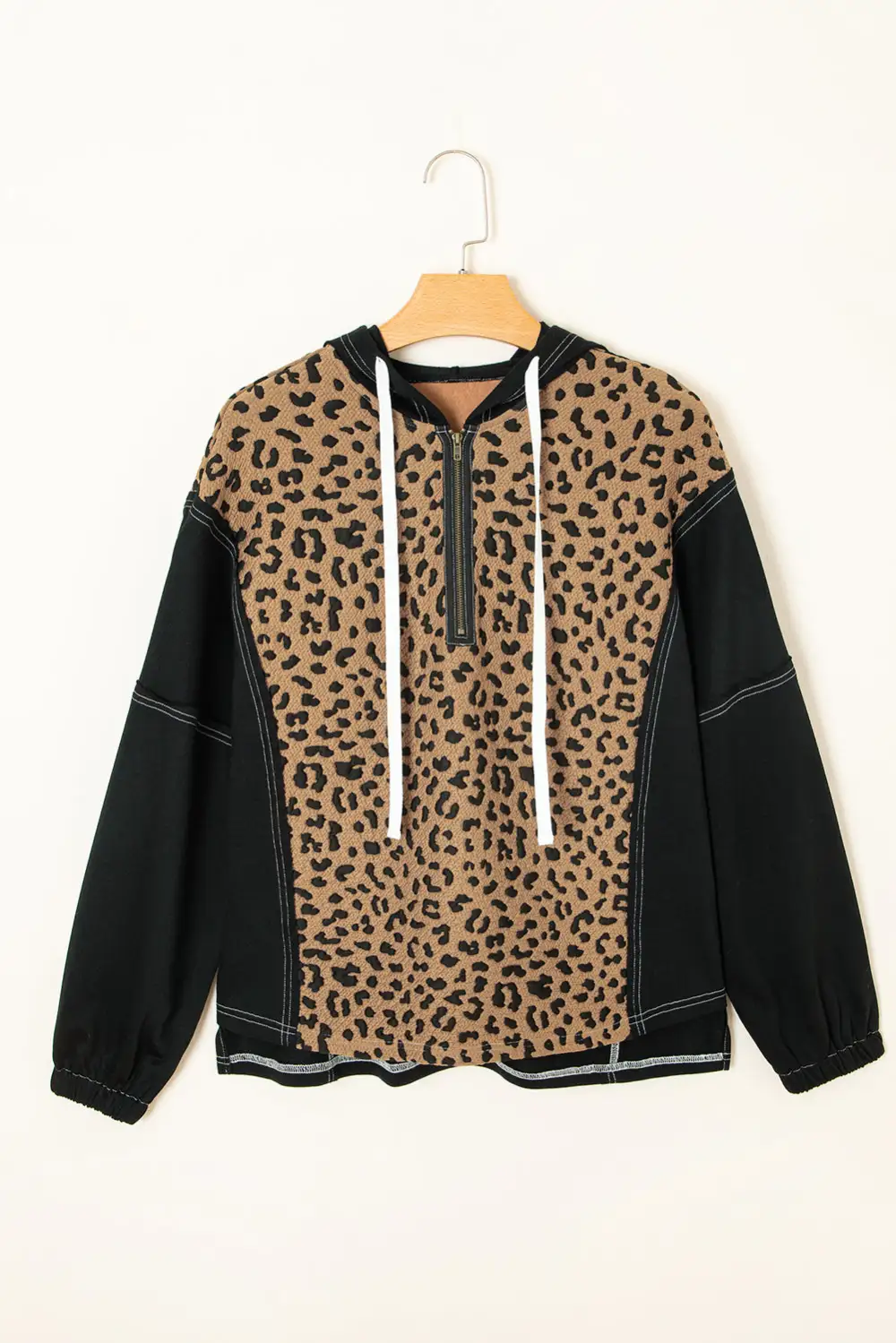 Leopard Print Patchwork Zip Detail Hoodie