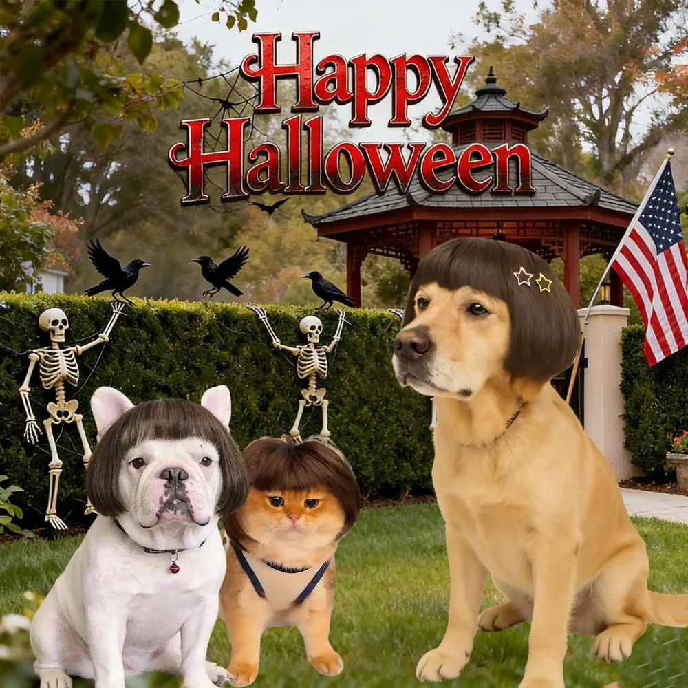 Bob Cut Halloween Pet Wig with Hair Ties & Hair Clips