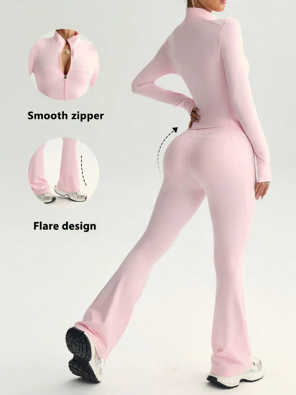Women's Nude Yoga Set — Zip-Up Long Sleeve Jacket, High-Waist Flared Pants, Solid Backless Top, Soft-Touch Athletic Activewear