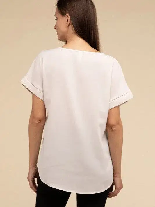 Sweet Basics Rolled Sleeve Boat Neck Top