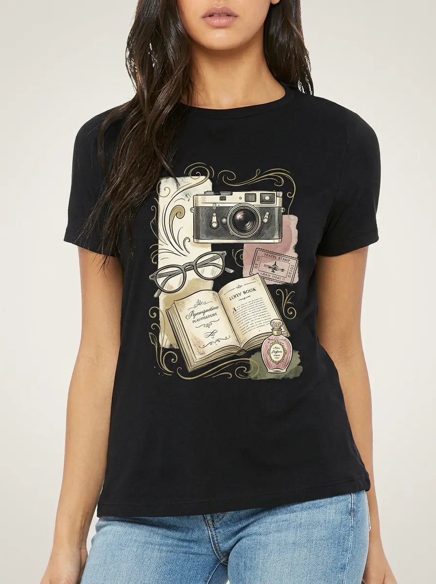 Women's Vintage Reader Camera Book Glasses Printed T-shirt